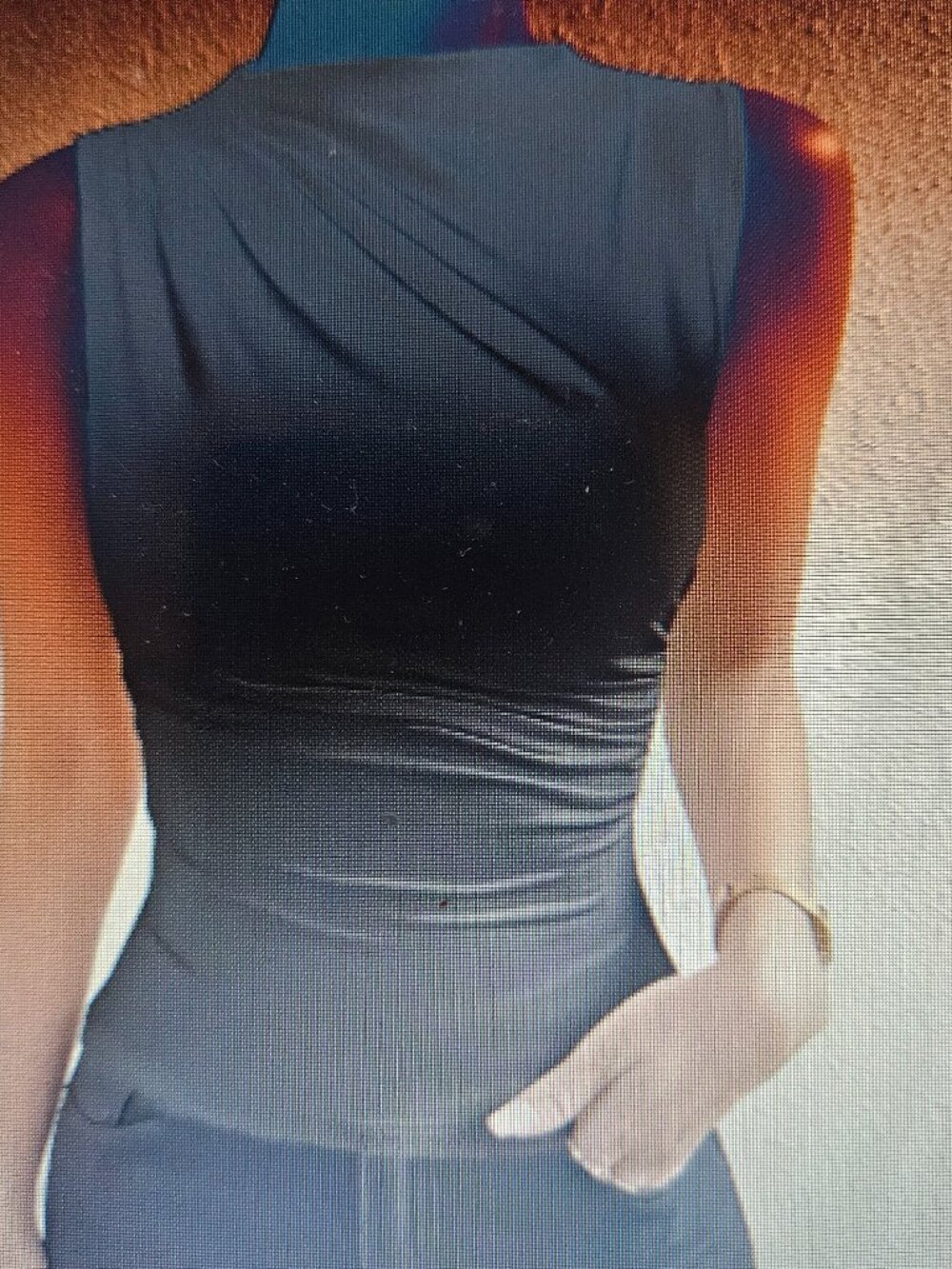 Sleek Black Sleeveless Polyester/Spandex Cowl Neckline Med Top.